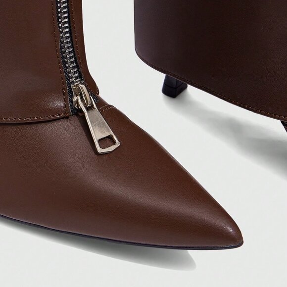 Rust Brown Casual Women's Pointed Toe Knee-High Heeled Boots - Picture 10 of 10